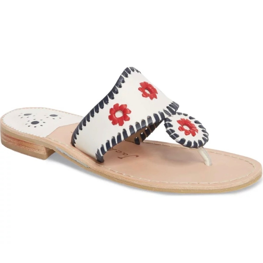 Jack Rogers  Flat Sandal White Navy Red Floral Embroidery 8.5M preppy resort y2k